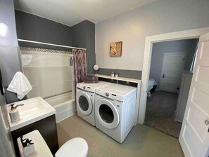 Hair dryer, towels, soap, shampoo - Milwaukee Road House  (New) Historic Deer Lodge
 (Deer Lodge)