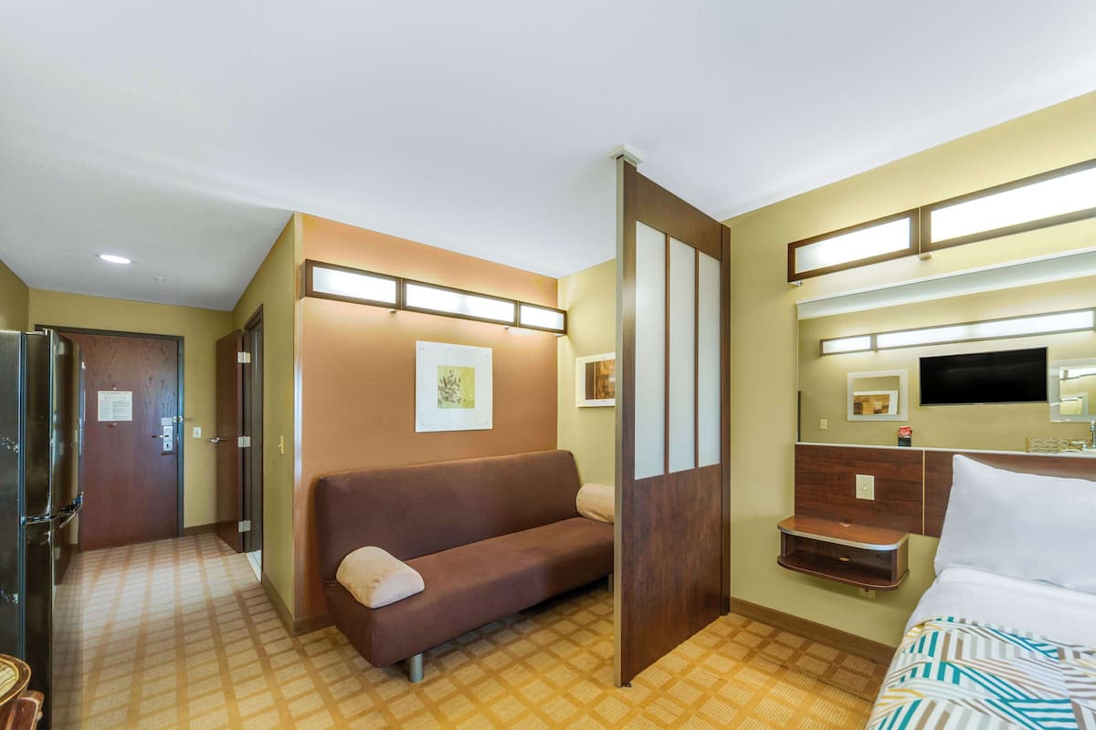 A hotel room with a sofa, a bed, a TV, and a mirror.