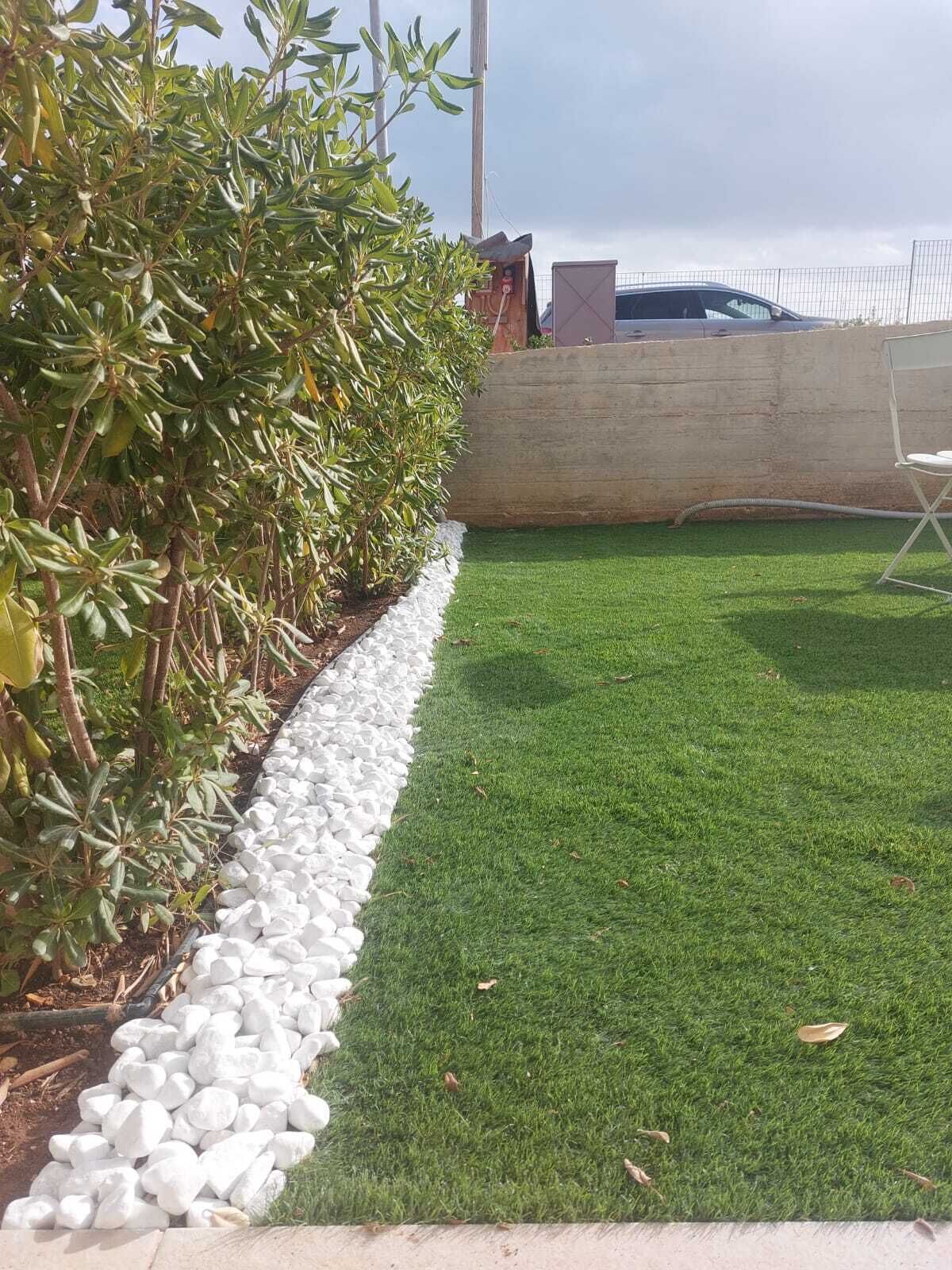 A landscaped garden with a hedge, white pebbles, and green grass.
