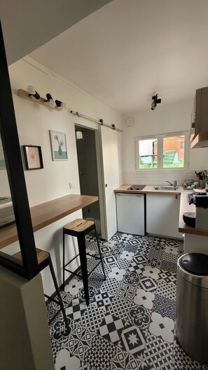 Kühlschrank, Mikrowelle, Herdplatte, Wasserkocher mit Kaffee-/Teezubehör