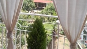 A balcony with a potted plant, white curtains, and a view of greenery and a building in the distance. - Flare Studio  (Corfu)