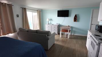 A room with a bed, a sofa, a desk, a television, and a microwave.