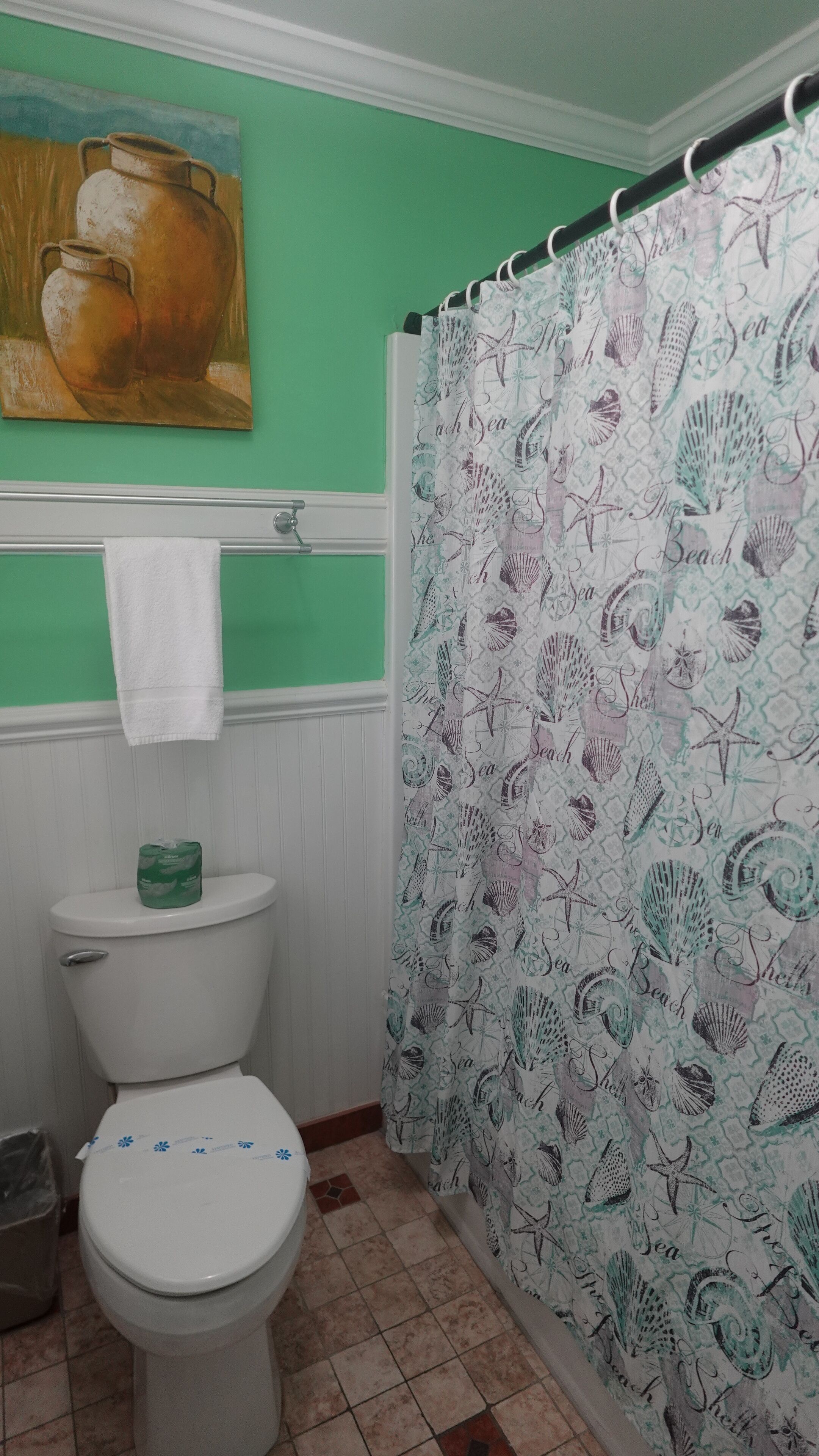Un bagno con un WC, una parete verde, un quadro sopra il WC e una tenda da doccia con decorazioni a tema marino.