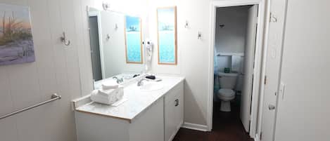 A bathroom with a white vanity, a large mirror, and a toilet visible through an open door.