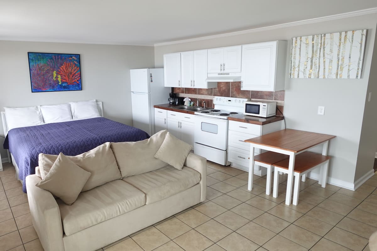 A compact room with a bed, a sofa, a small dining table, a kitchenette, and a painting on the wall.