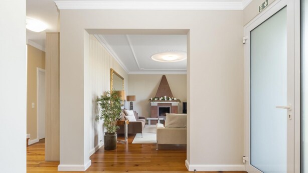A hallway leading to a living area with a fireplace, a plant, and a mirror. - Casa Olimpo by Homie (Camara de Lobos)
