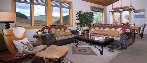 TV, fireplace, books, offices