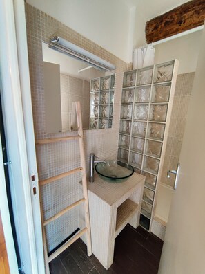 Chuveiro, secador de cabelo, toalhas de banho, papel higiênico