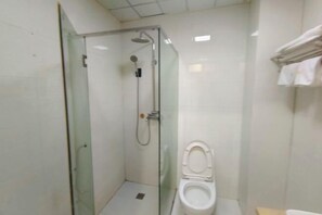Een klein, afgesloten douchegedeelte met een glazen deur, een wit toilet en een handdoekhouder aan de muur.