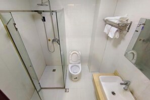 Een badkamer met een douche met glazen wand, een toilet en een wastafel met spiegel.