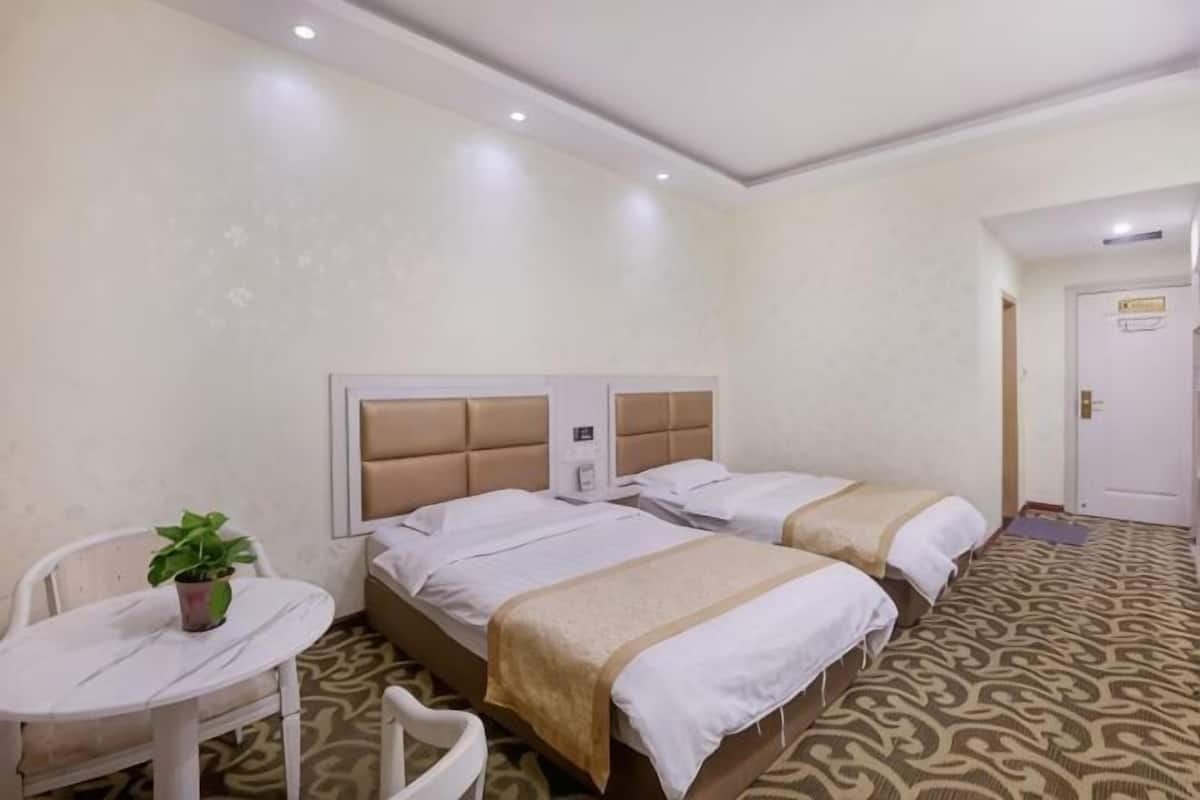 Une chambre d’hôtel avec deux lits, une petite table avec une plante et une porte.