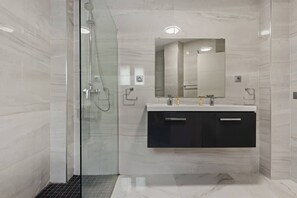 Shower, hair dryer, towels