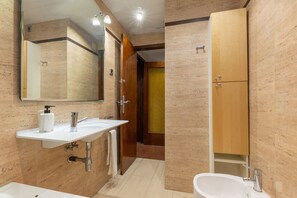 Bathtub, hair dryer, bidet, towels