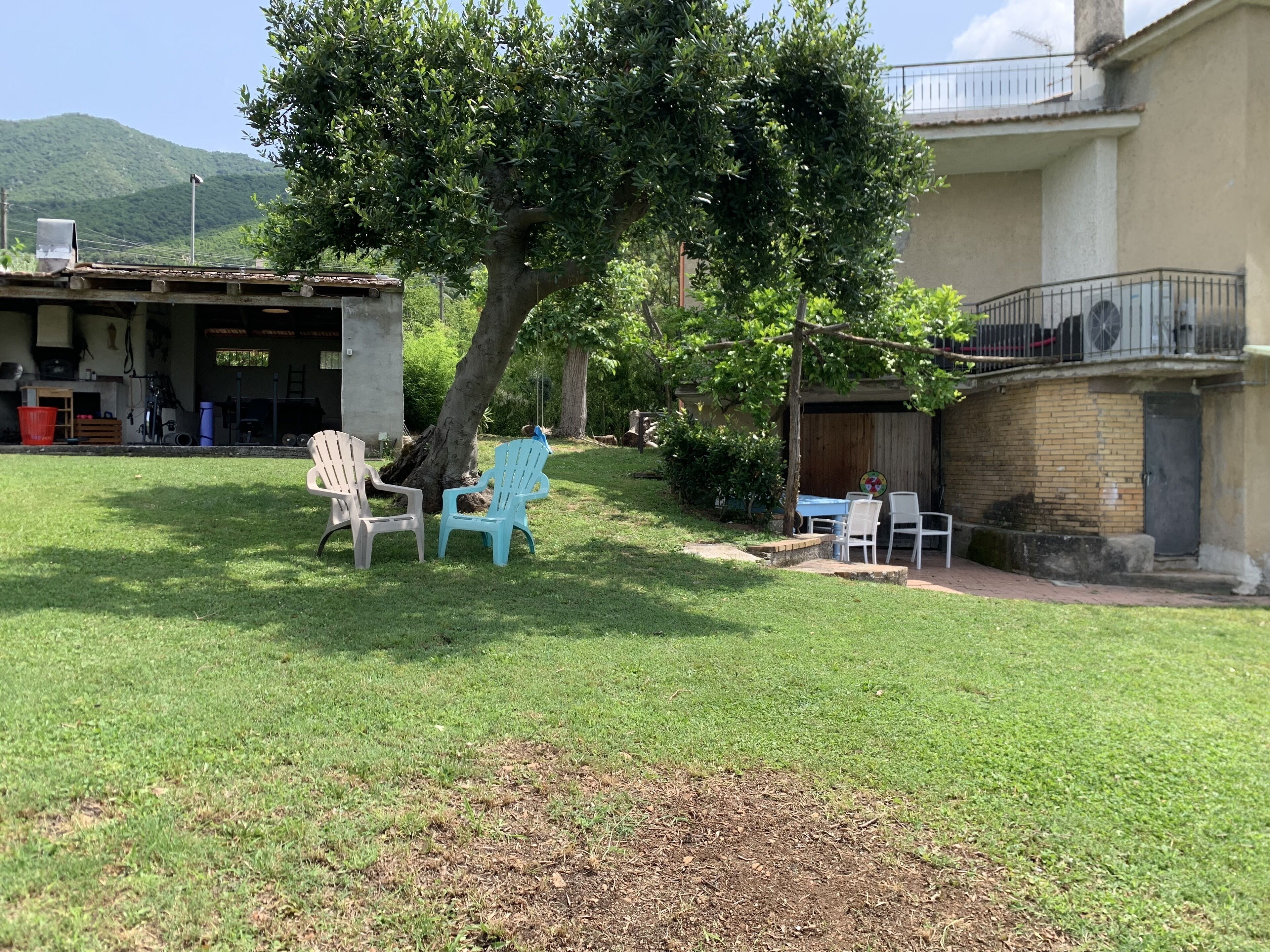 A backyard with a tree, two Adirondack chairs, and a small table with chairs.
