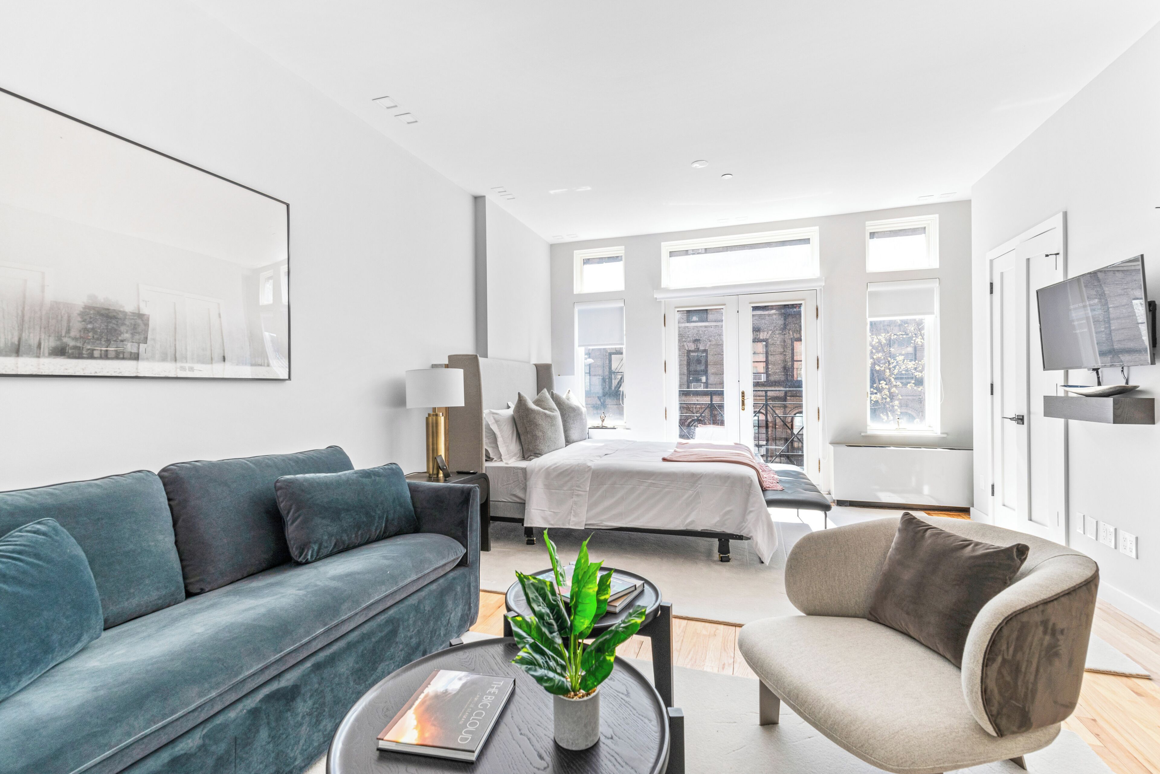 A modern living room with a sofa, armchair, and a coffee table with a plant.