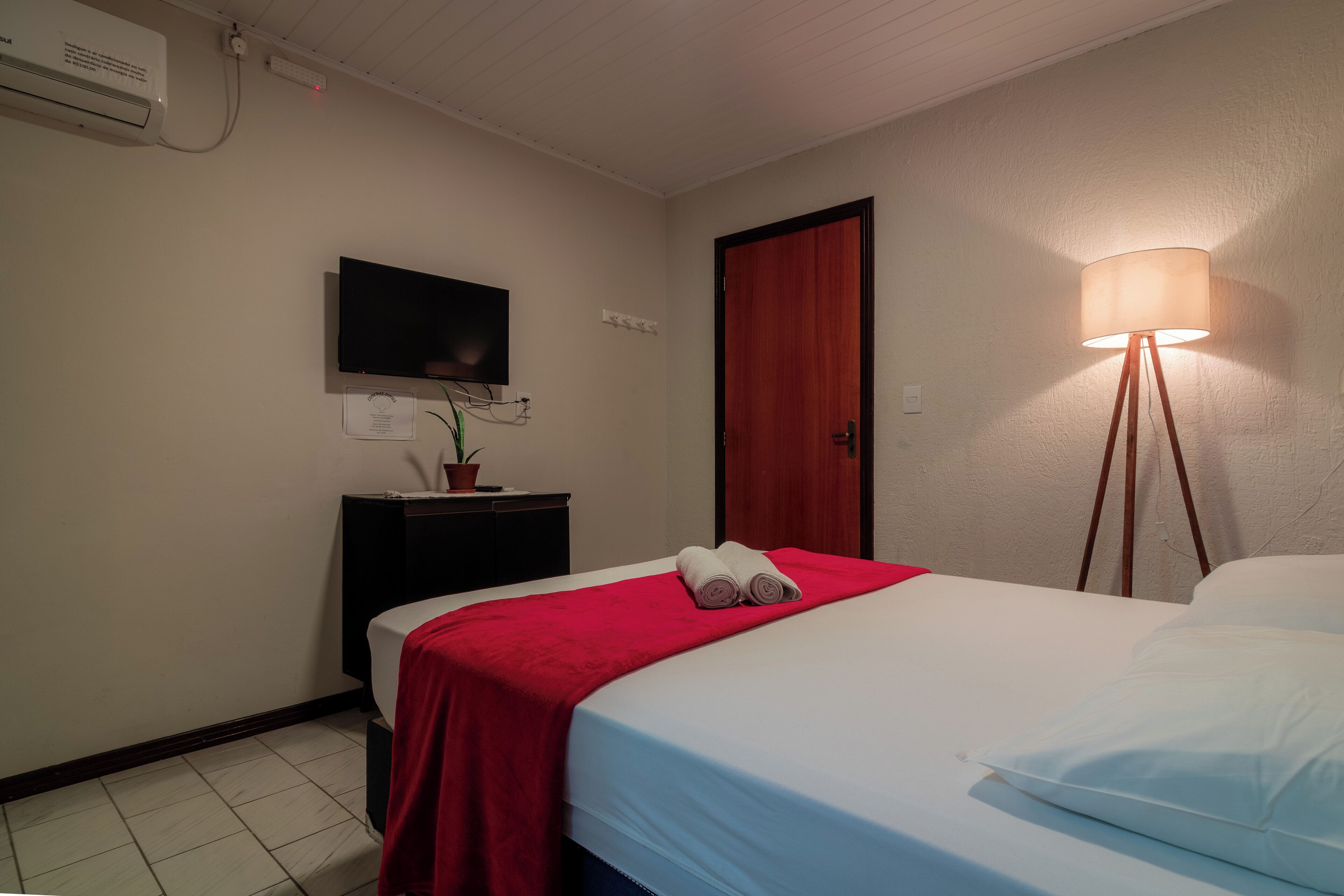 A hotel room with a bed, a bedside lamp, a TV mounted on the wall, and a small table with a plant.