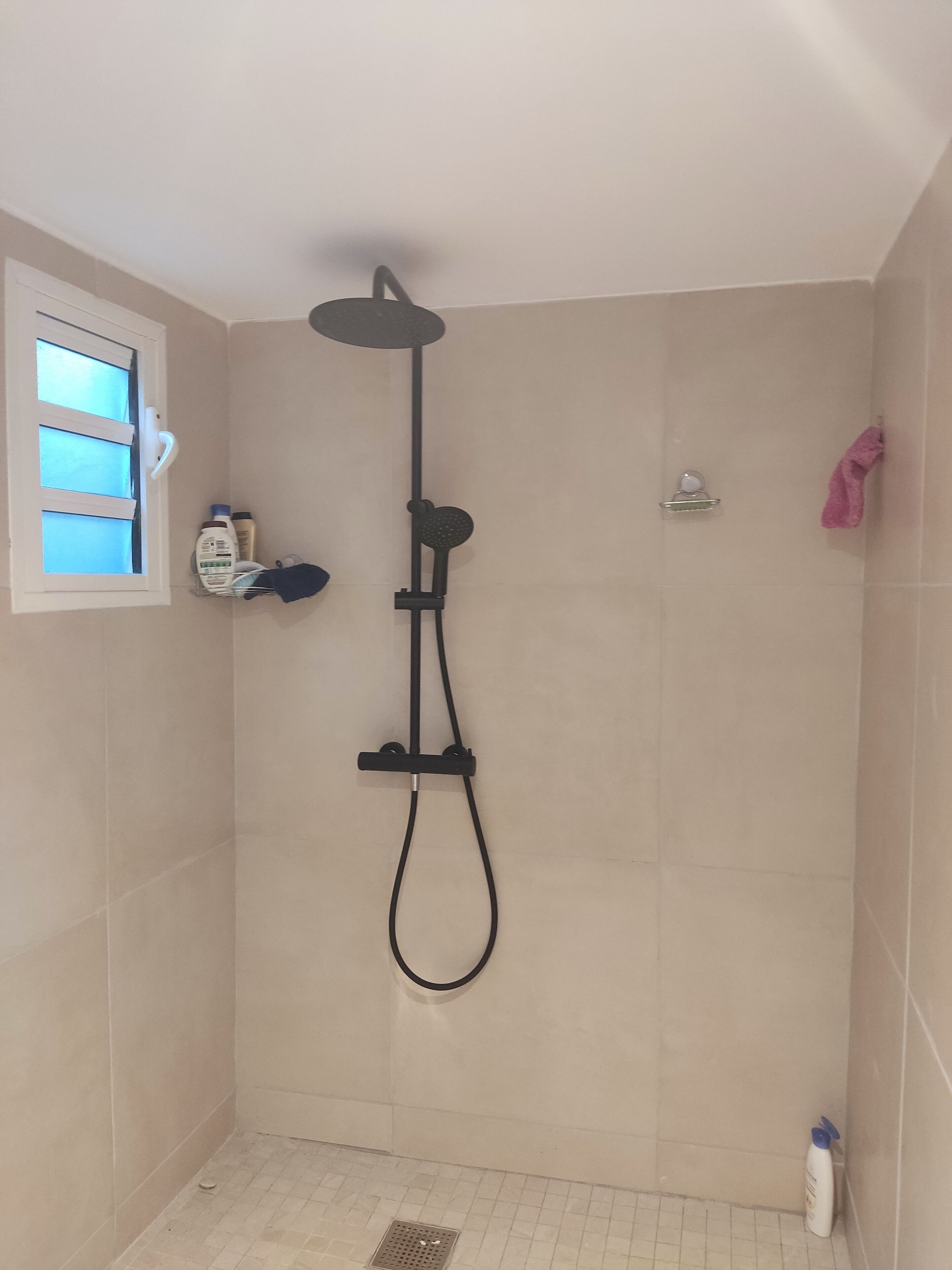 Ducha, secador de pelo, toallas, jabón