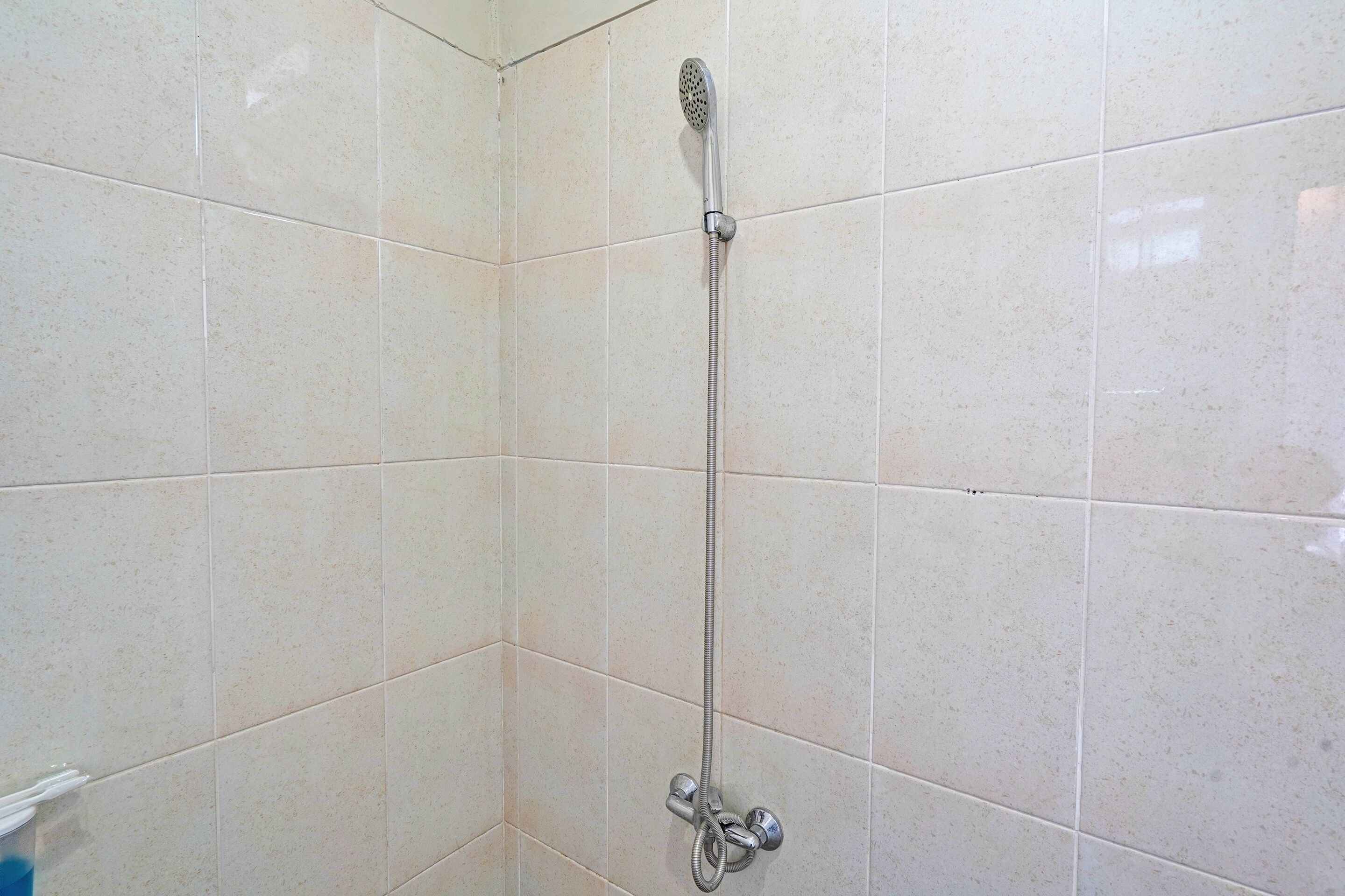 A shower with a handheld showerhead and a flexible hose, mounted on a tiled wall.