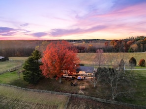 A rural landscape with a large tree, a fenced area, and a building with lights. - The Lodge at Shaw Ranch | Hocking Hills, 30 Acres (Rockbridge)