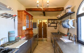 Fridge, microwave, stovetop, cookware/dishes/utensils