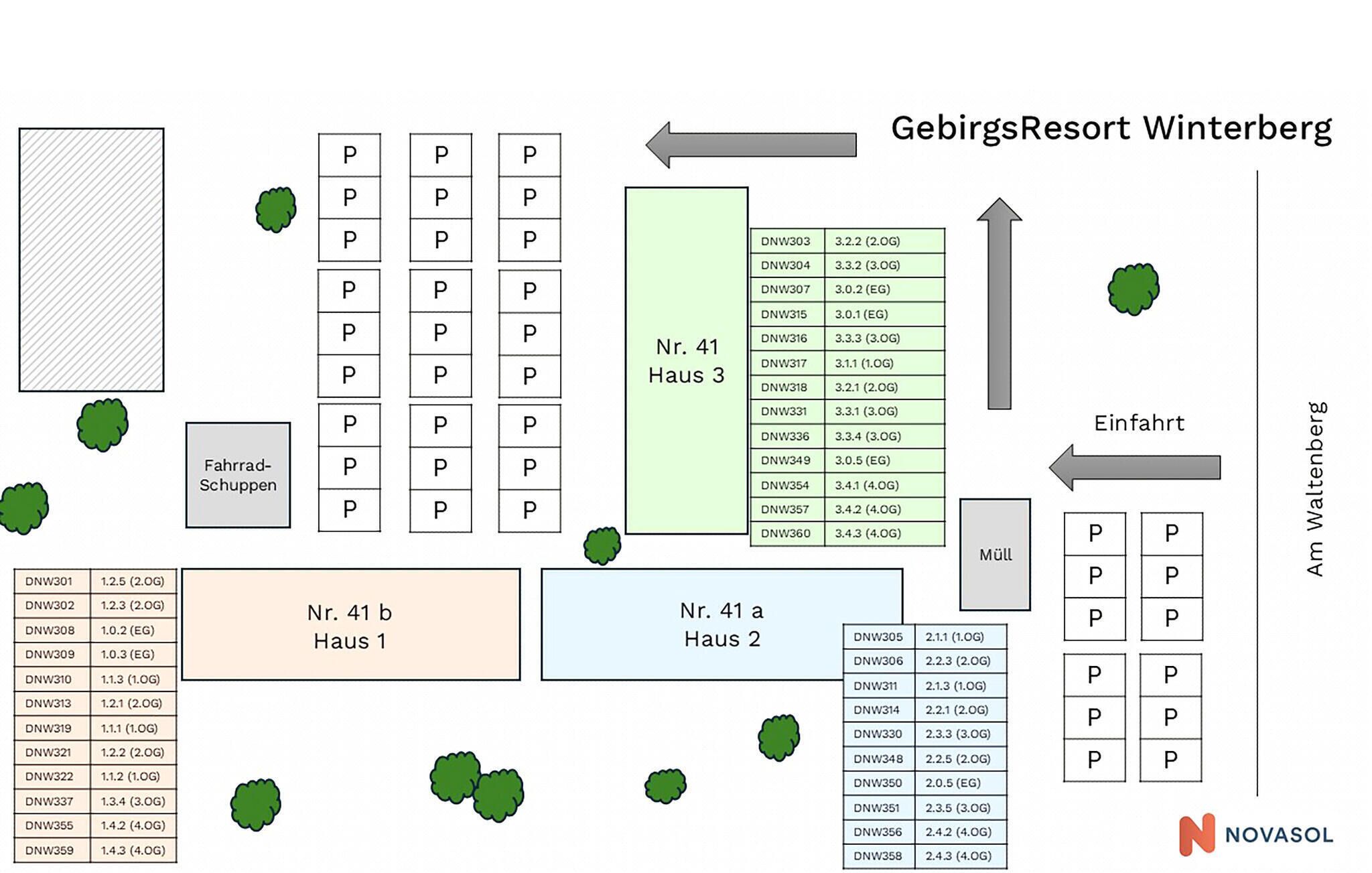 A hotel layout with multiple rooms, labeled as Nr. 41 a, b, and 3, and a section labeled as Fahrad-Schuppen.