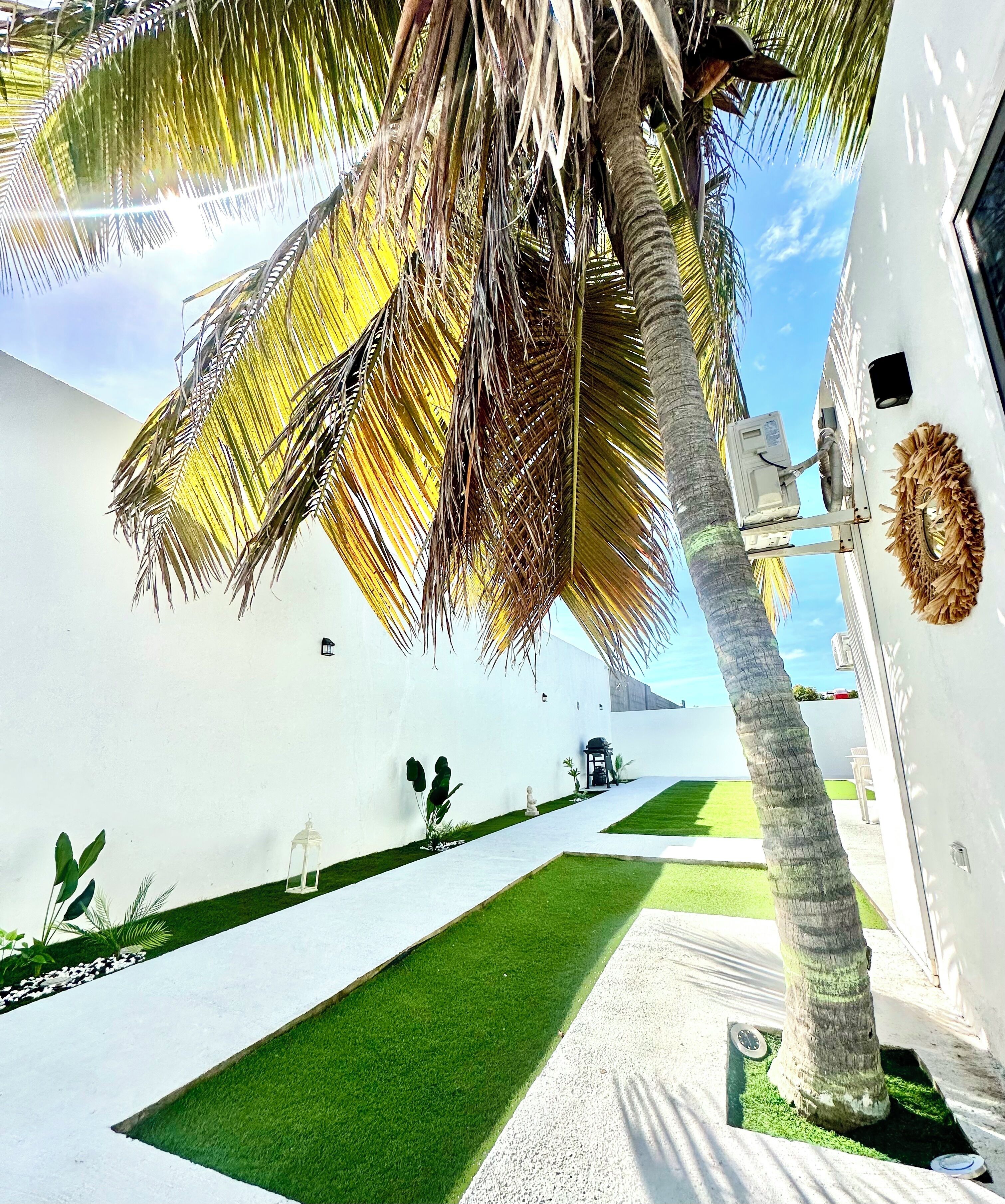 A modern outdoor area with a pathway, palm trees, and a white building with a decorative wreath.