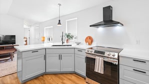 A modern kitchen with grey cabinets, a black stove, and a pendant light. - Modern Cabin (Blue Spruce) (Dunsmuir)