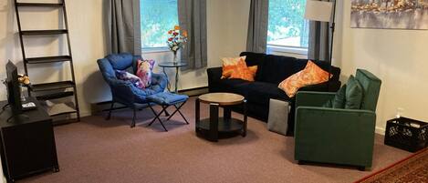 智能电视、壁炉、书、音乐库