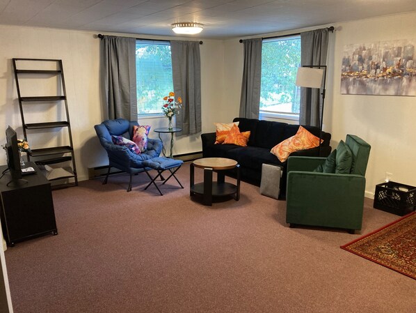 Smart TV, fireplace, books, music library