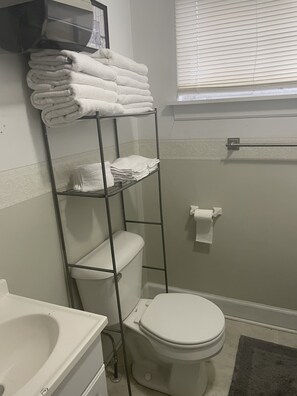 Hair dryer, towels, soap, toilet paper