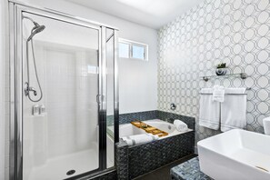 Hair dryer, towels, soap, shampoo