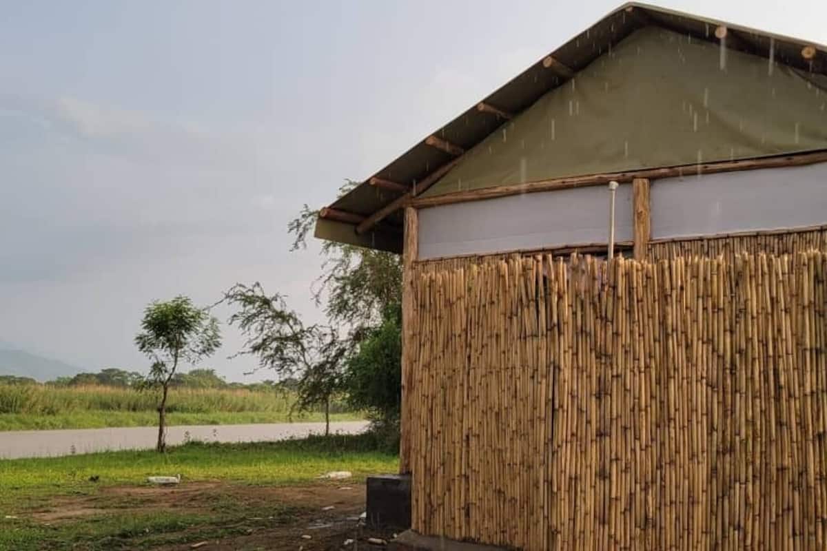 Une structure en bambou dotée d’un toit incliné, vraisemblablement un simple abri ou une cabane, située dans un environnement rural, avec une route et de la végétation en arrière-plan.