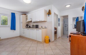 Fridge, microwave, stovetop, coffee/tea maker