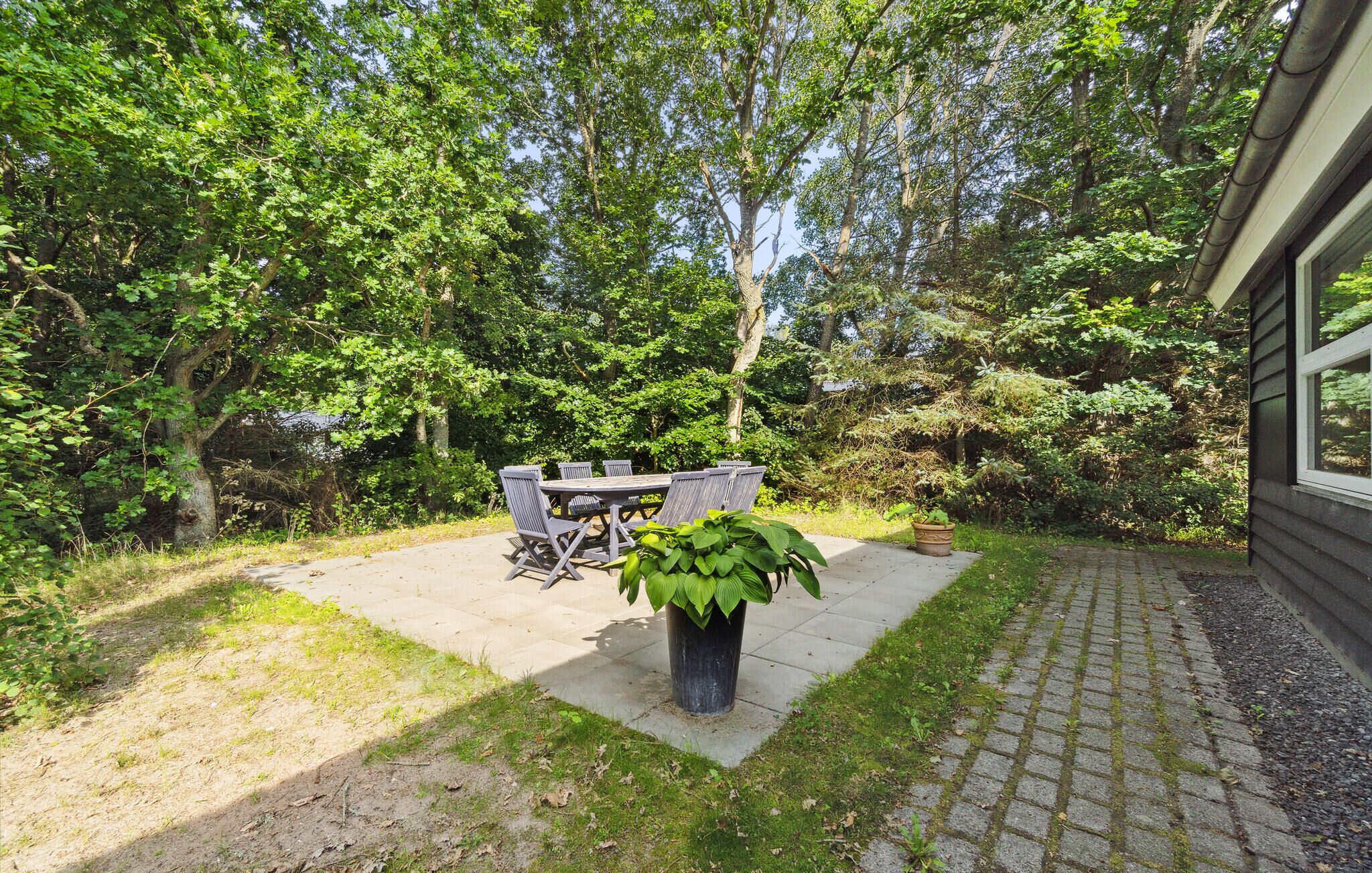 A patio with a table and chairs, surrounded by lush greenery and trees.
