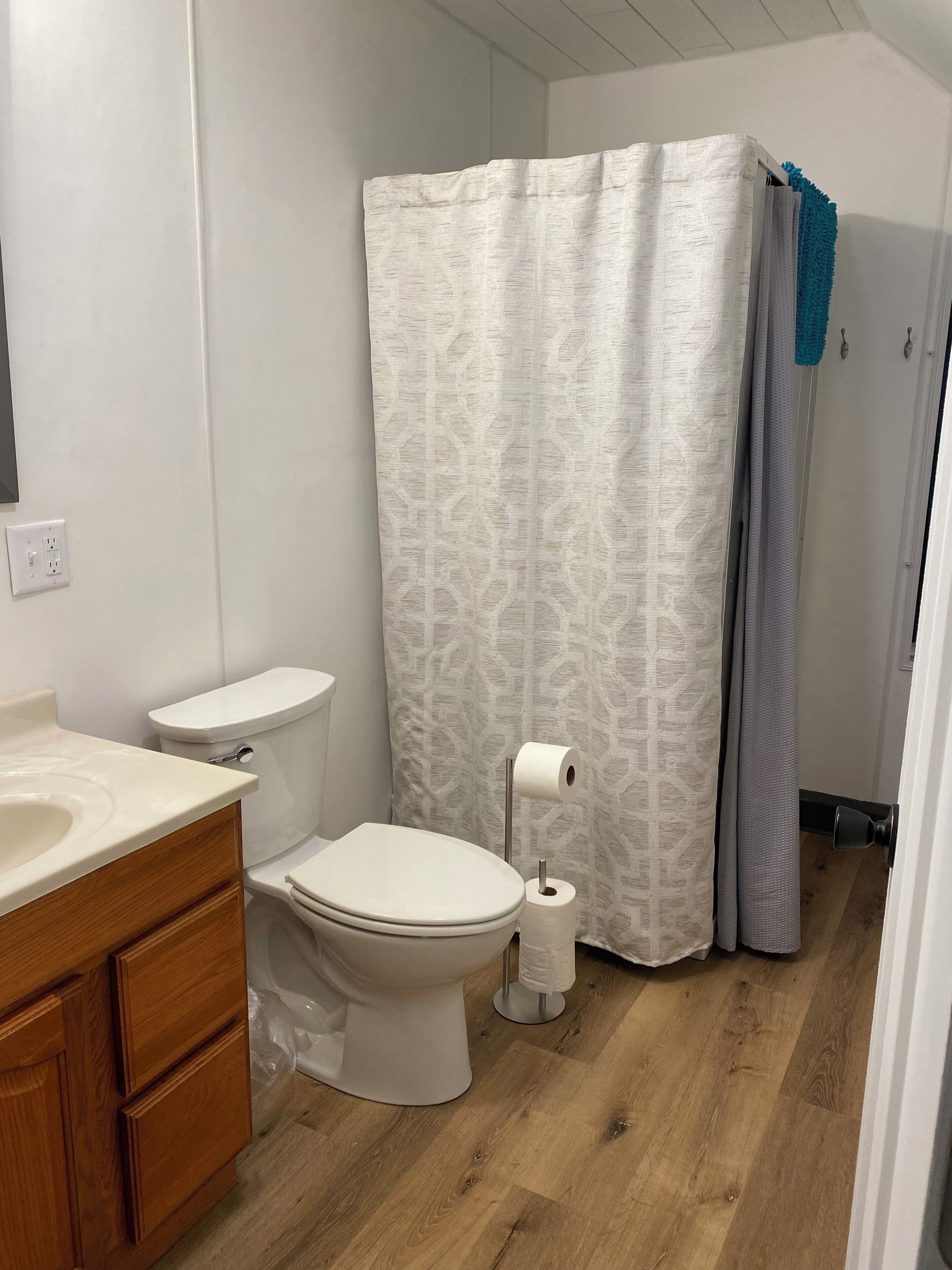 A bathroom with a toilet, a sink, and a shower curtain.