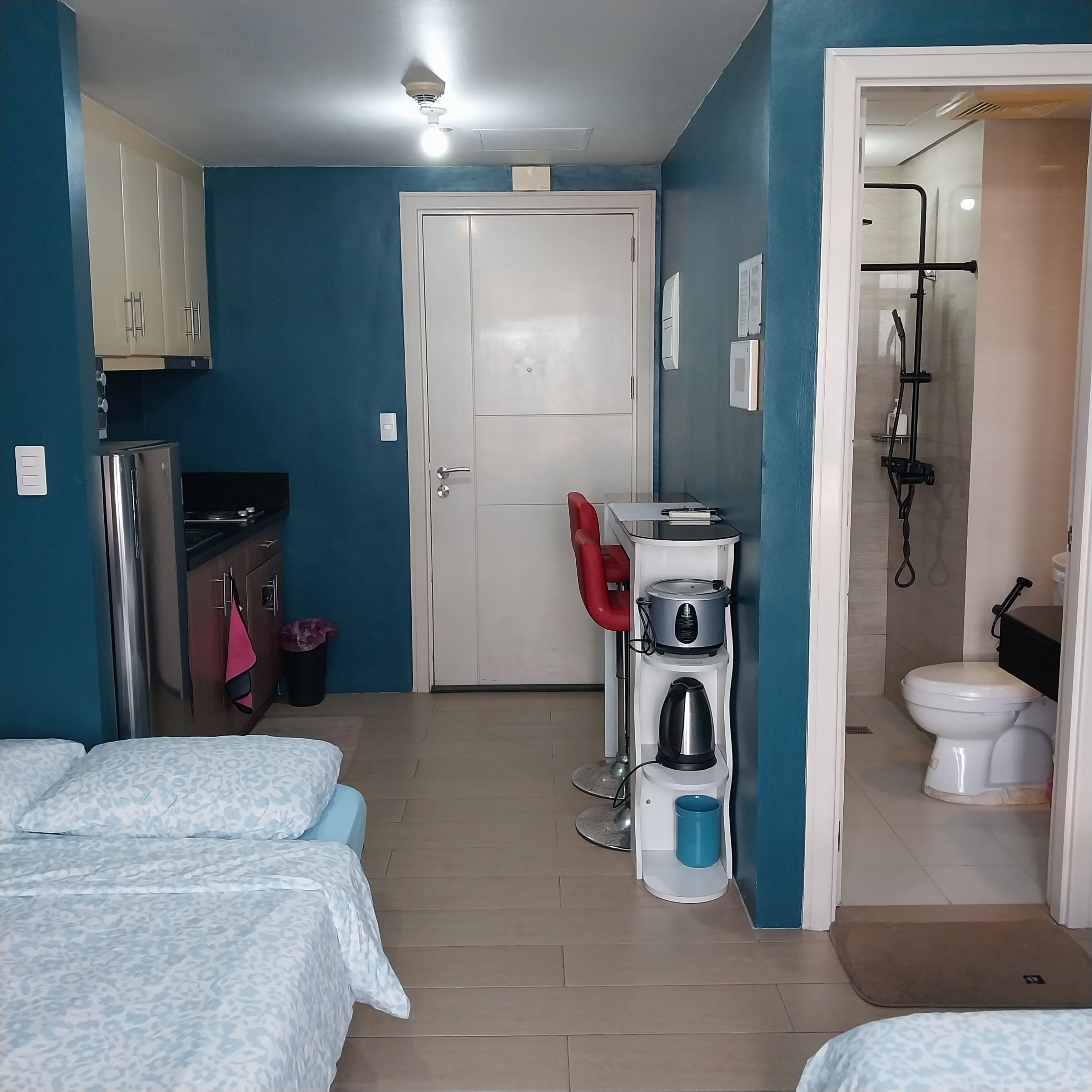 Une pièce compacte comprenant un coin cuisine, un lit, un espace douche et un petit coin salon.
