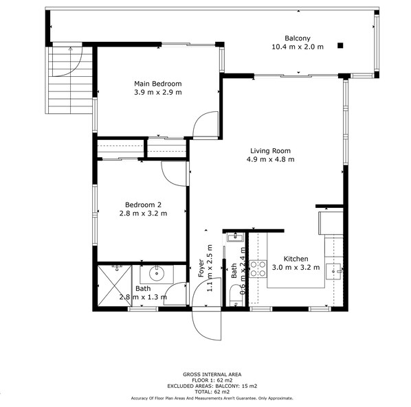 A floor plan of a house with a main bedroom, living room, two bedrooms, a balcony, a kitchen, and a bathroom. - Yaringa 1 - Moments from Noosa Main Beach (Noosa Heads)