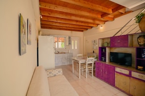 A compact living space with a kitchenette, a dining area, and a seating area with a TV.