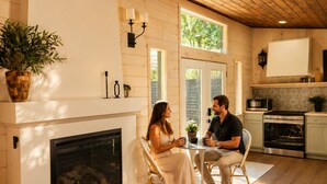 Un interior acogedor con chimenea, comedor y cocina equipada con electrodomésticos modernos.