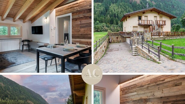 Un interior de madera con comedor, un balcón que ofrece vistas a un paisaje verde y un dormitorio con cama y vistas a la montaña.