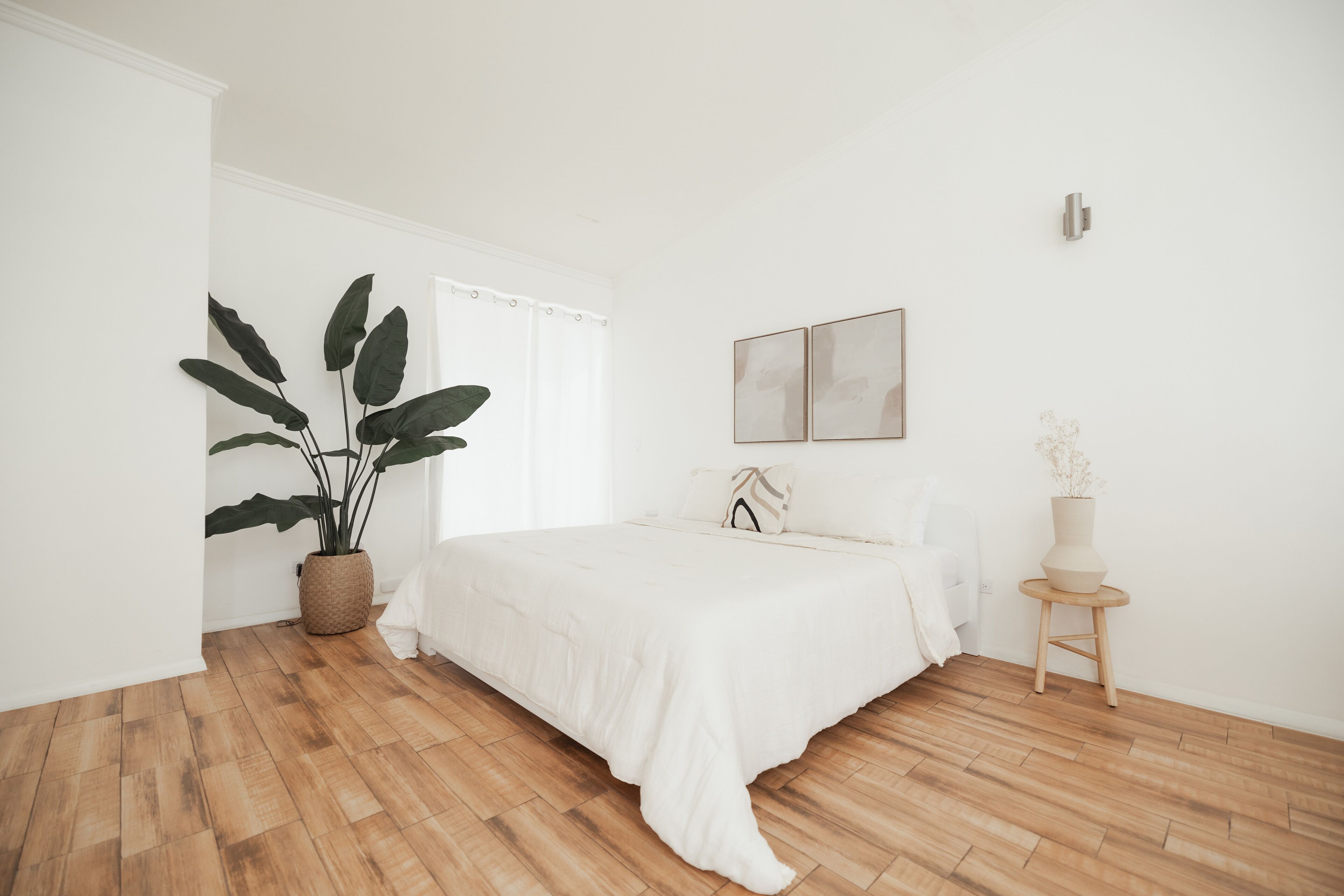 A bedroom with a wooden floor, a large potted plant, a bed with white bedding, a small wooden stool, and a wall-mounted light fixture.