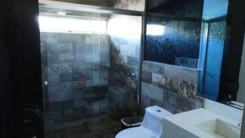 Regadera, secadora de cabello, toallas, jabón