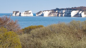A coastal landscape with white cliffs and a clear blue sea. - The Farmhouse (Swanage)