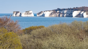 Un paysage côtier caractérisé par de hautes falaises blanches et une mer d’un bleu limpide.