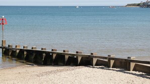 Paisaje costero con playa arenosa, un muelle que se adentra en el agua y varios barcos a lo lejos.