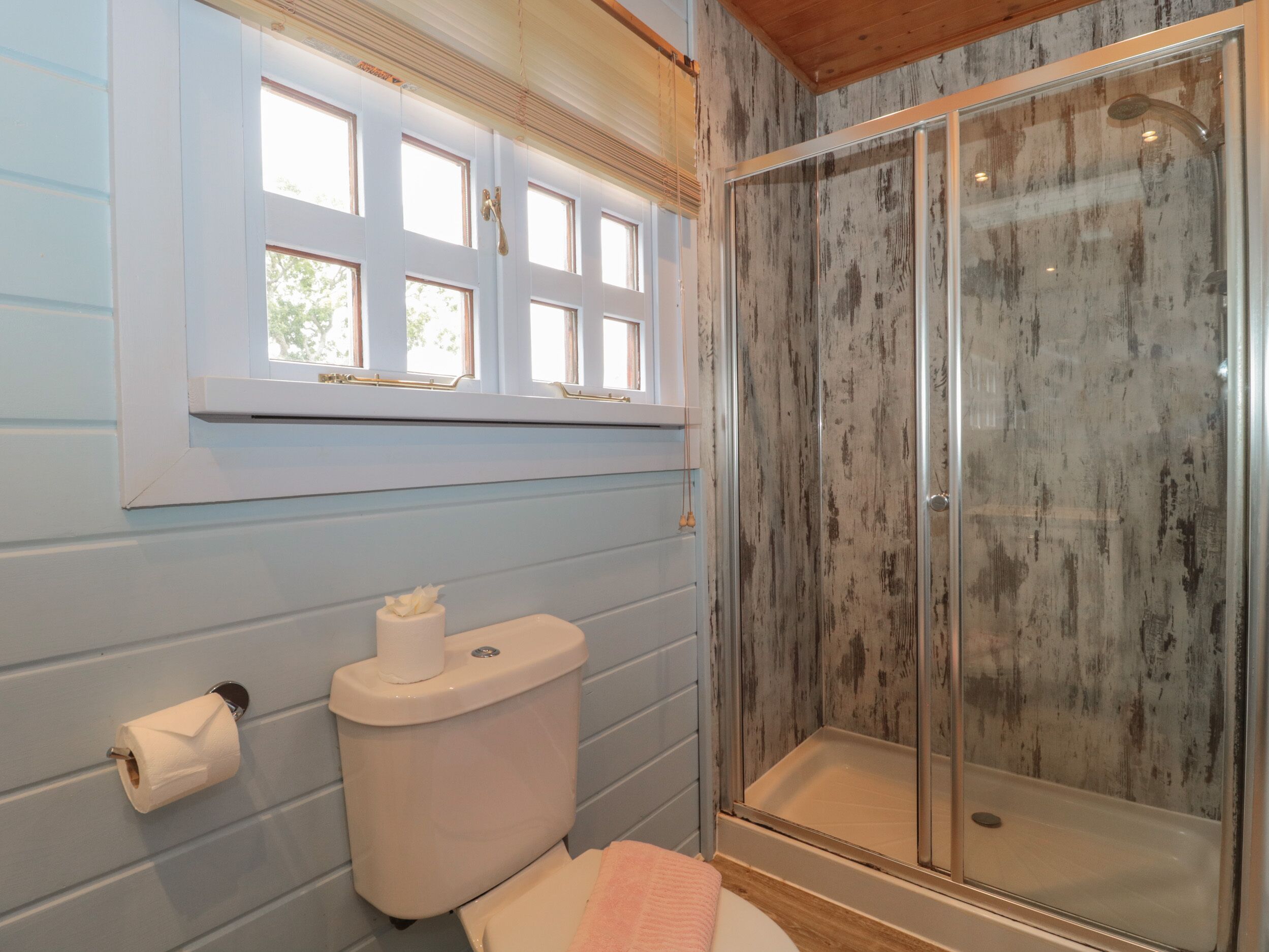 A bathroom with a toilet, a window, and a shower enclosure.