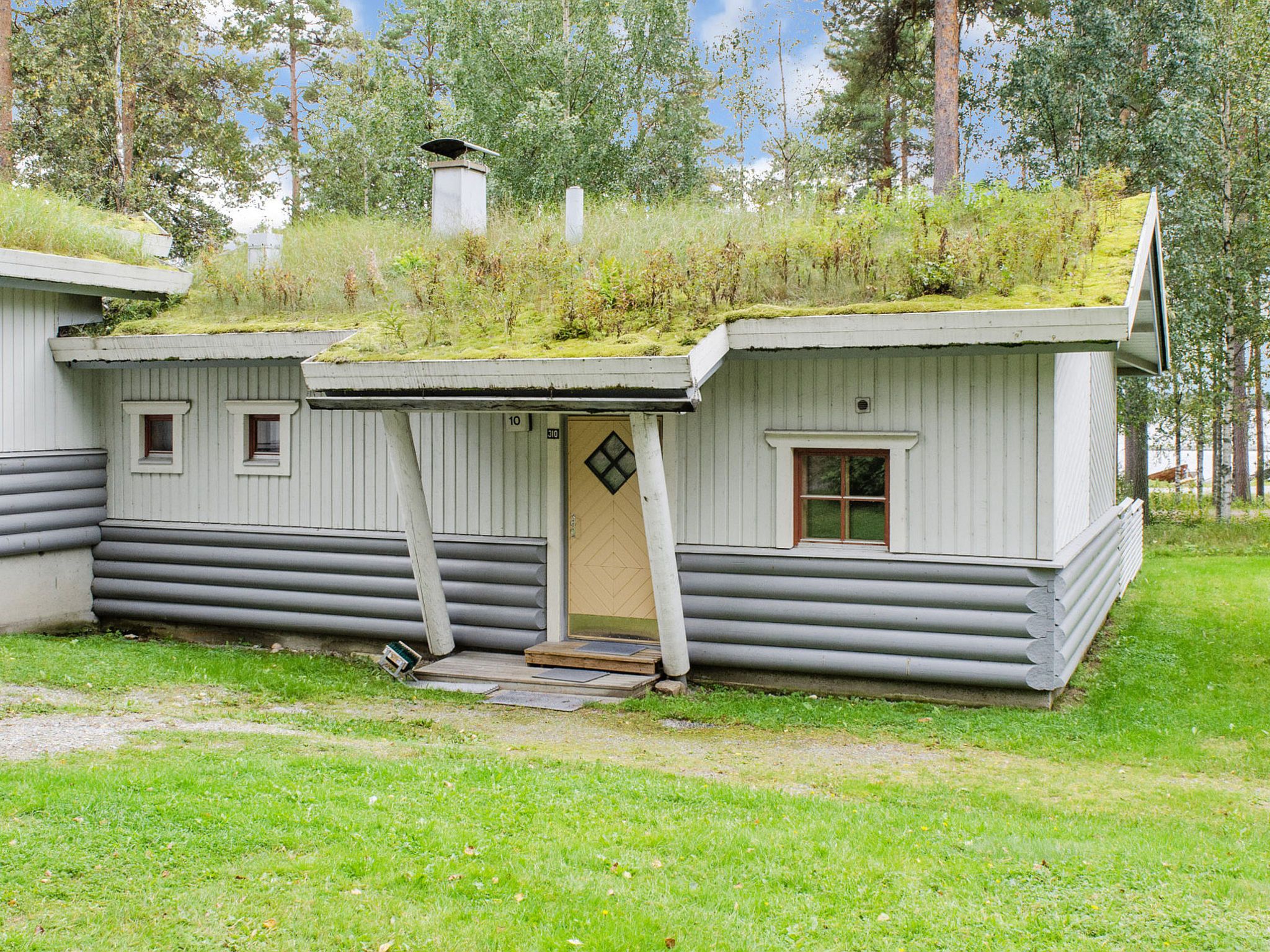 A cabin with a sloped roof covered in vegetation, a wooden door, and a small window.