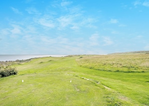A grassy landscape with a clear sky and a body of water in the distance.
