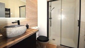 A bathroom with a stone sink, a toilet, and a glass-enclosed shower. - Appartement Proche Cathédrale (Albi)
