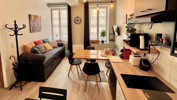 A compact living space with a sofa, dining table, chairs, a kitchen area, and a small dining table. - Appartement Proche Cathédrale (Albi)
